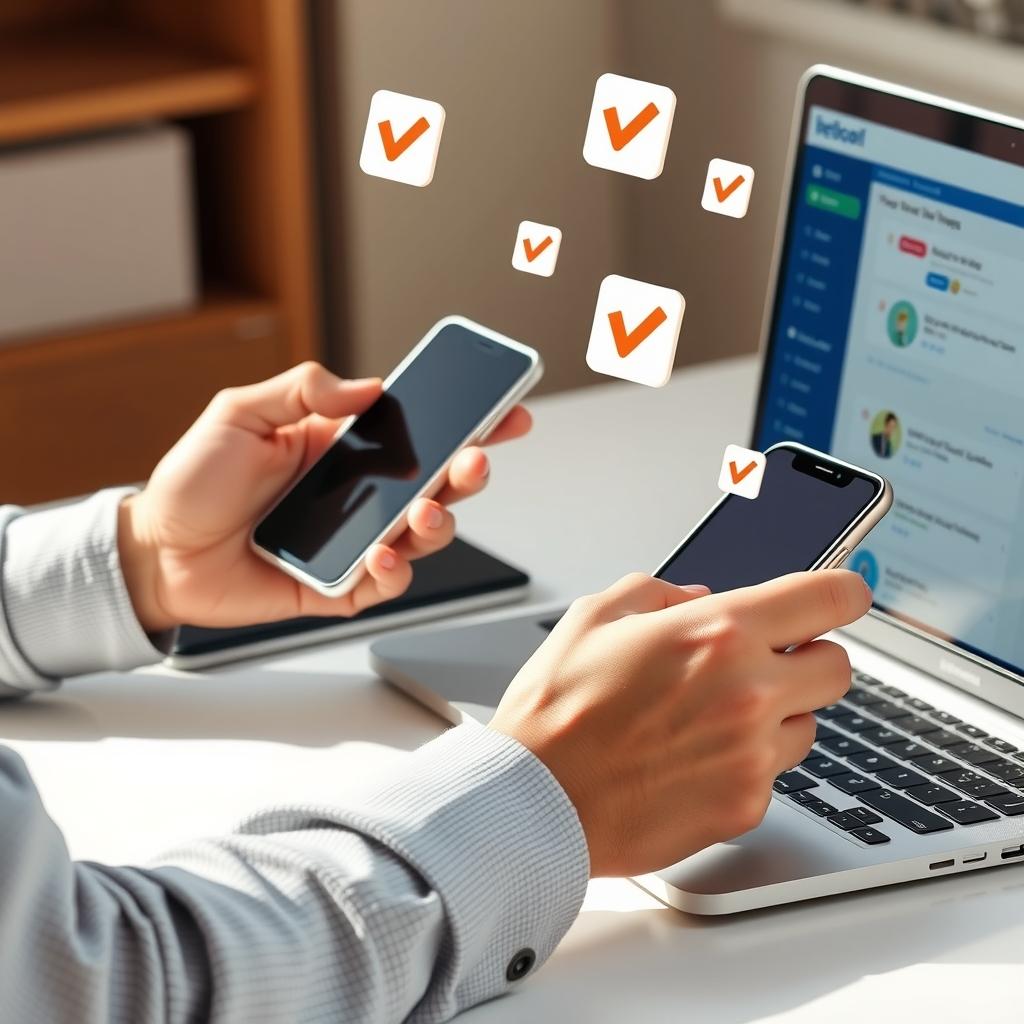 Person testing marketing links on phone and computer with checkmarks