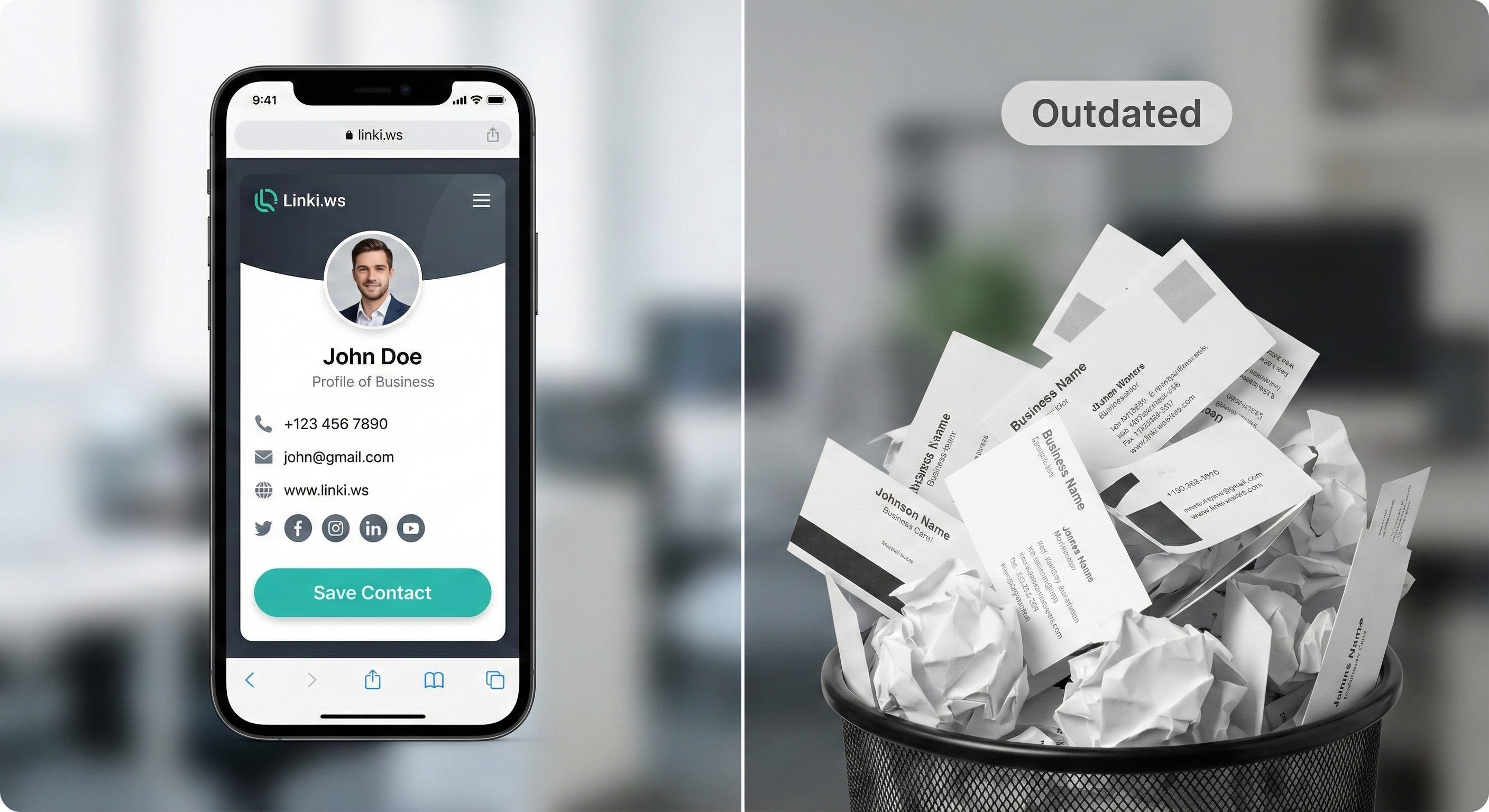 A smartphone displaying a sleek Linki.ws digital profile next to a pile of discarded paper business cards.