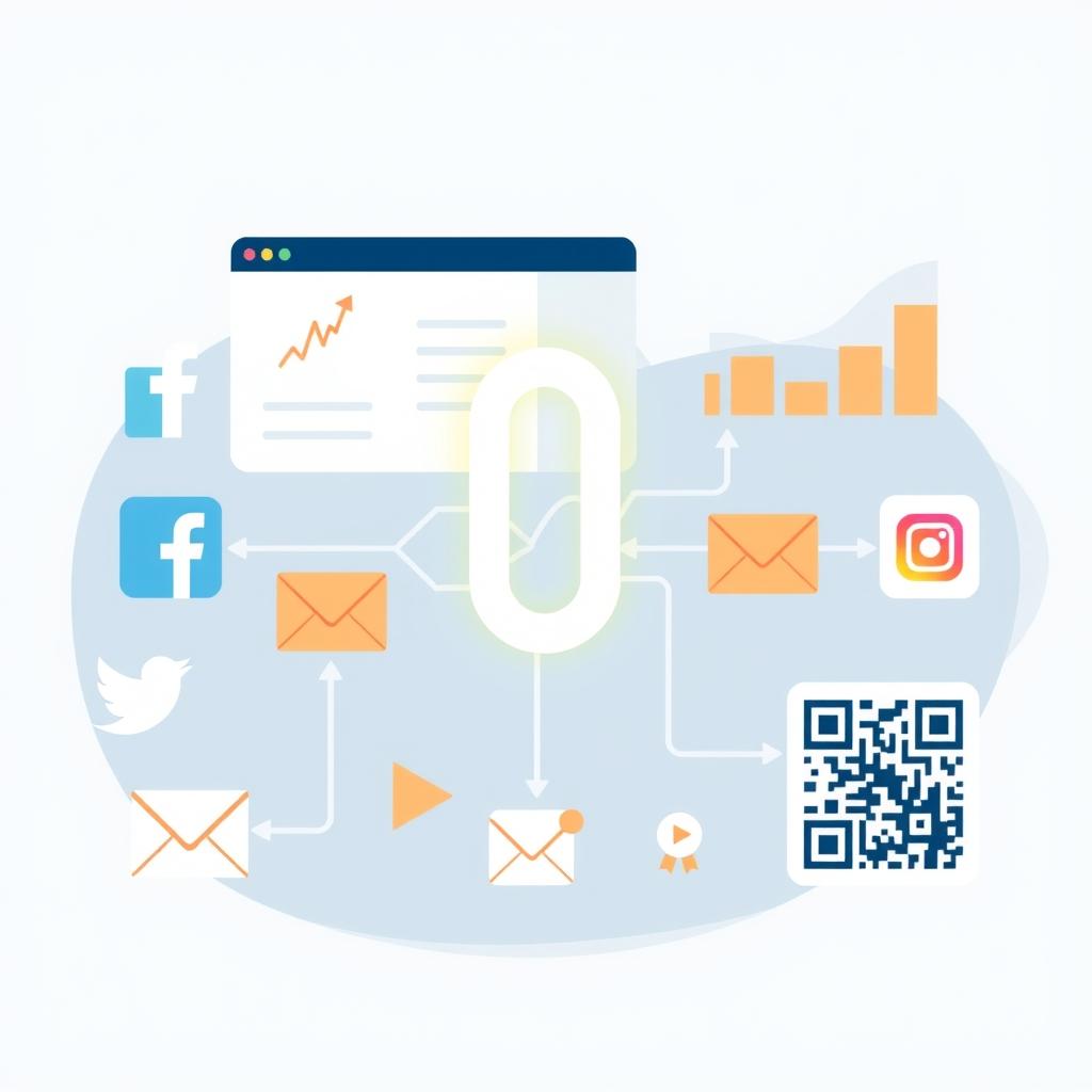 Illustration of one short link connected to multiple marketing channels with analytics charts